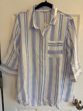 Soft Surroundings Petite Medium Blue White Stripe Tunic Shirt Roll Tab Sleeve PM